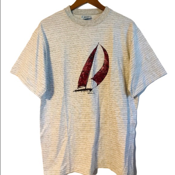 Vintage 90s Sailboat Boat Gray Striped USA T Shirt - Picture 1 of 6